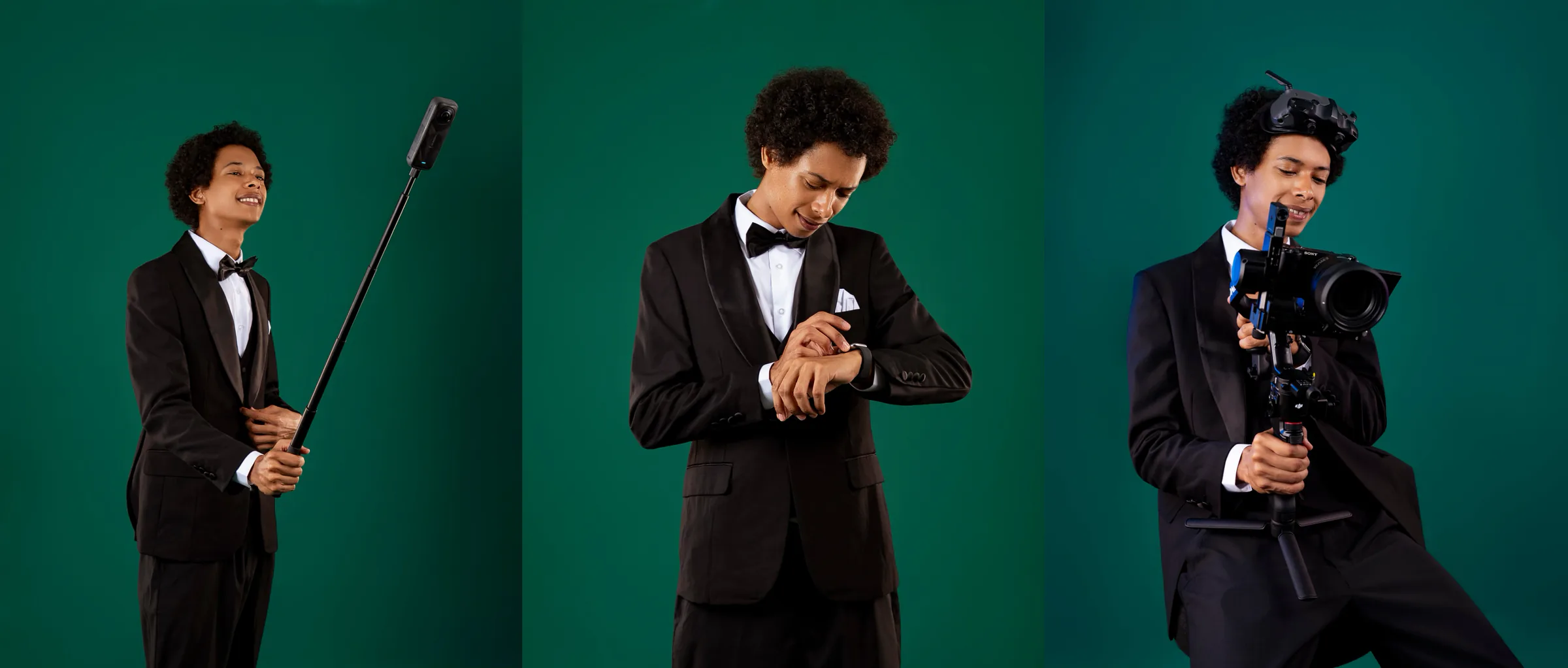 Trois poses de Mister H en smoking sur le fond vert du studio de l'Academy : perche à caméra 360 à la main, regard posé sur sa montre au milieu du plateau, et caméra sur stabilisateur, lunettes FPV relevées sur le front.